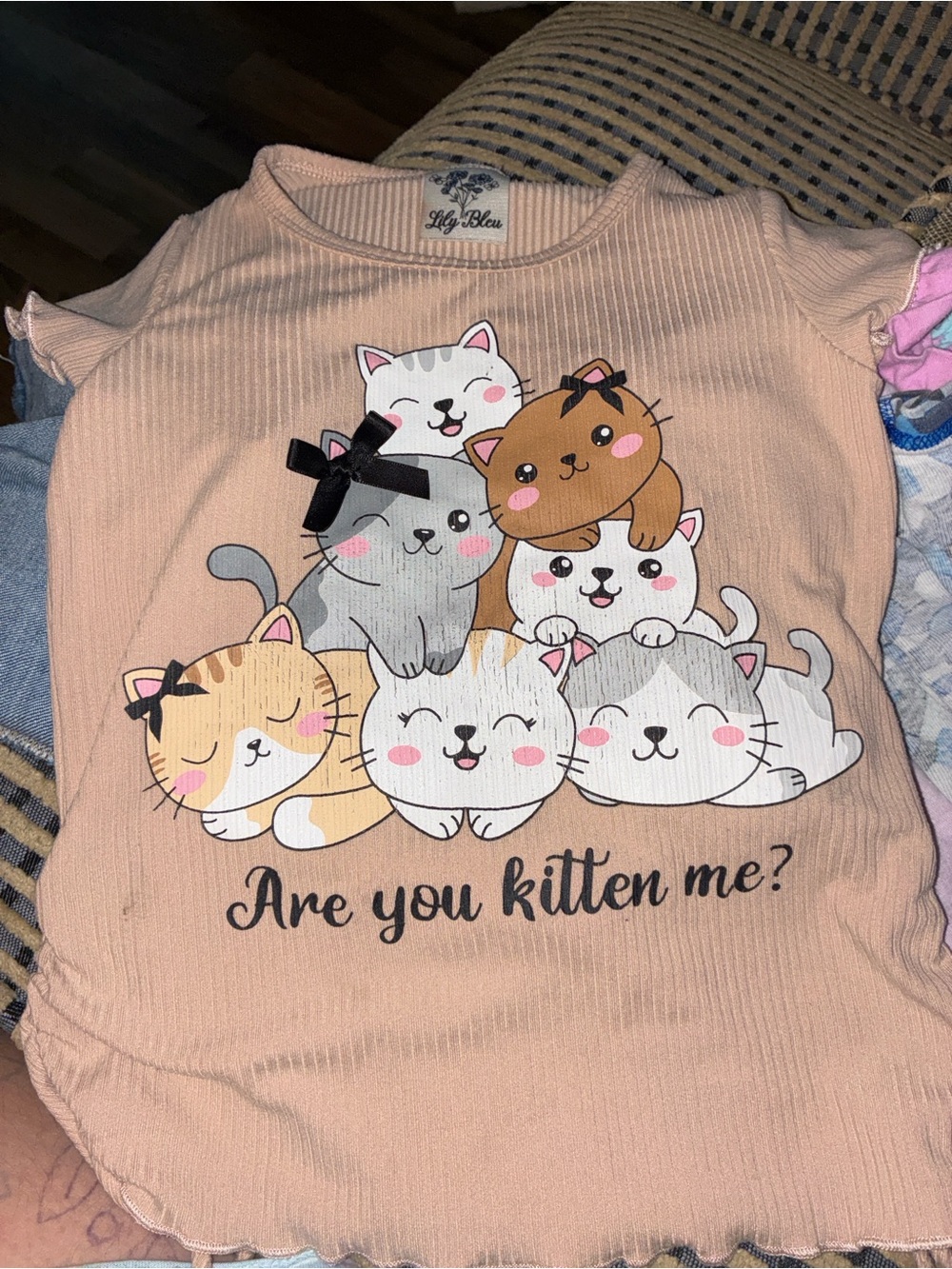Lily Bleu Peach Ribbed Tank with Cute Kitten Stack Graphic